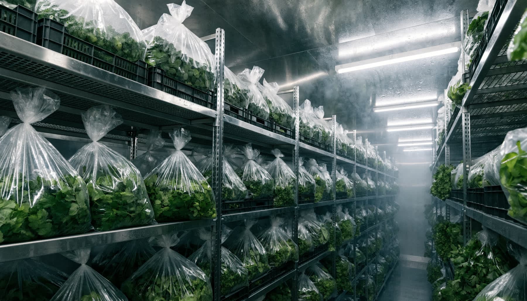 A walk-in cooler stacked with bagged leafy greens