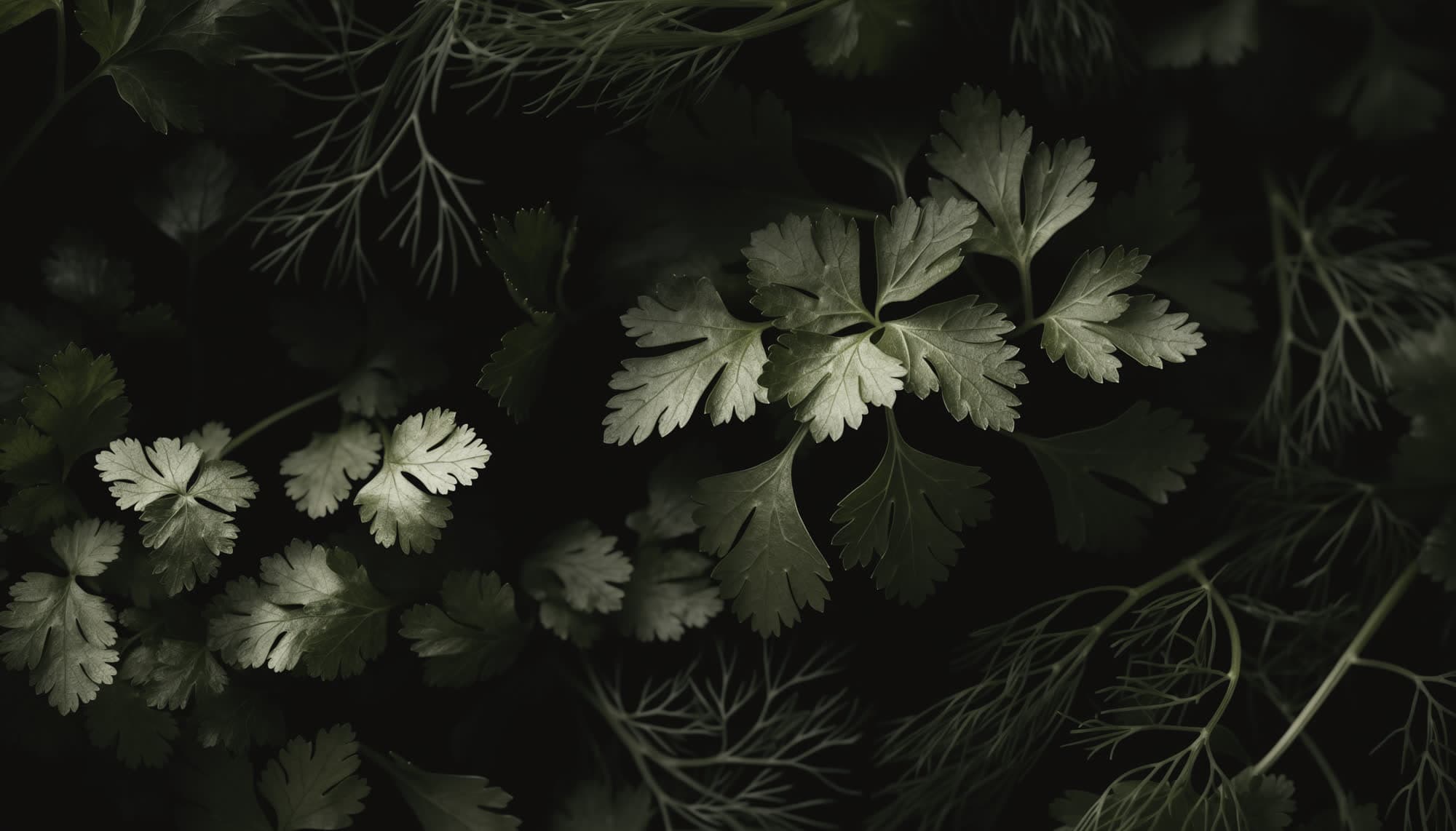 Dark, low-key close-up texture of fresh herbs