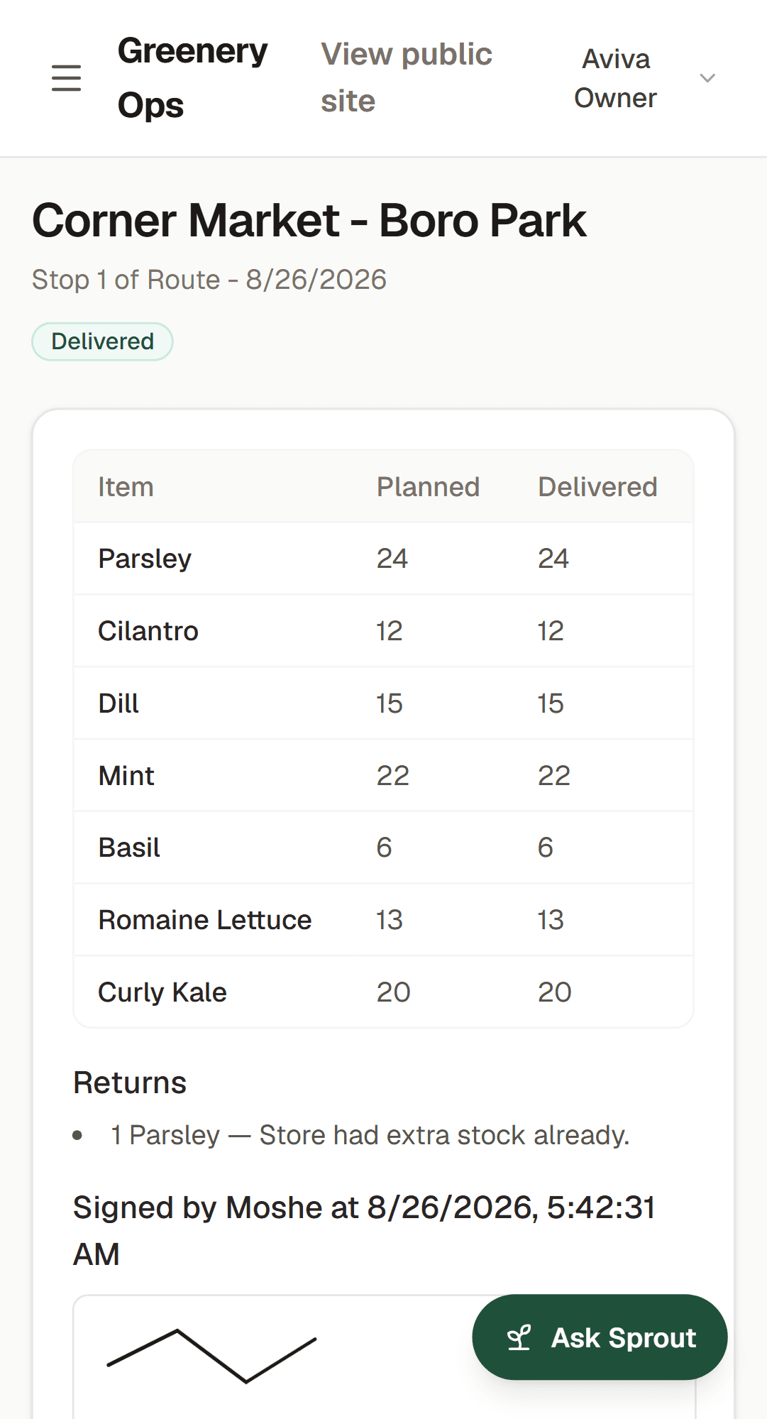 The same completed delivery stop on a phone-width screen, with the planned-versus-delivered table and signature stacked for a small screen