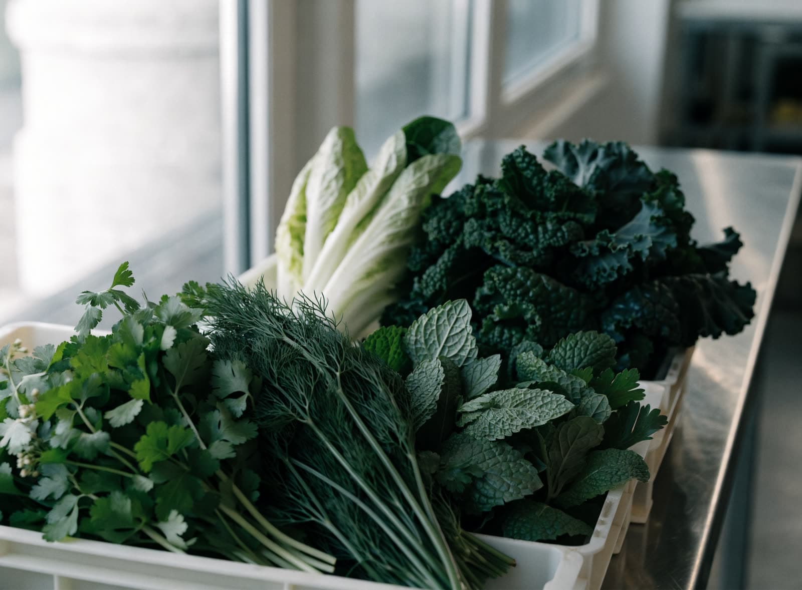 Crates of fresh herbs and leafy greens on a stainless prep table
