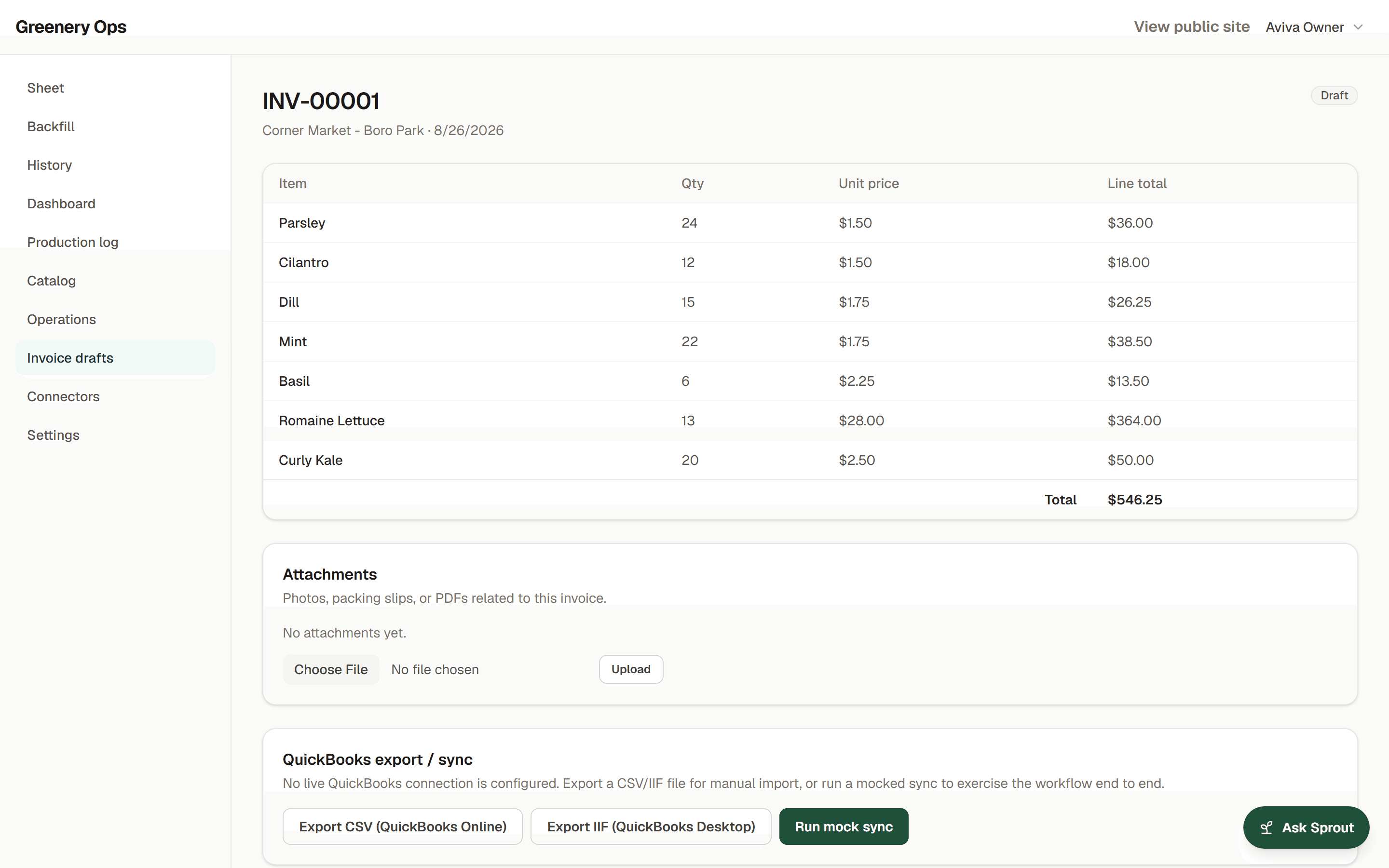 An invoice detail page with line items per product, unit prices, a total, and QuickBooks export options
