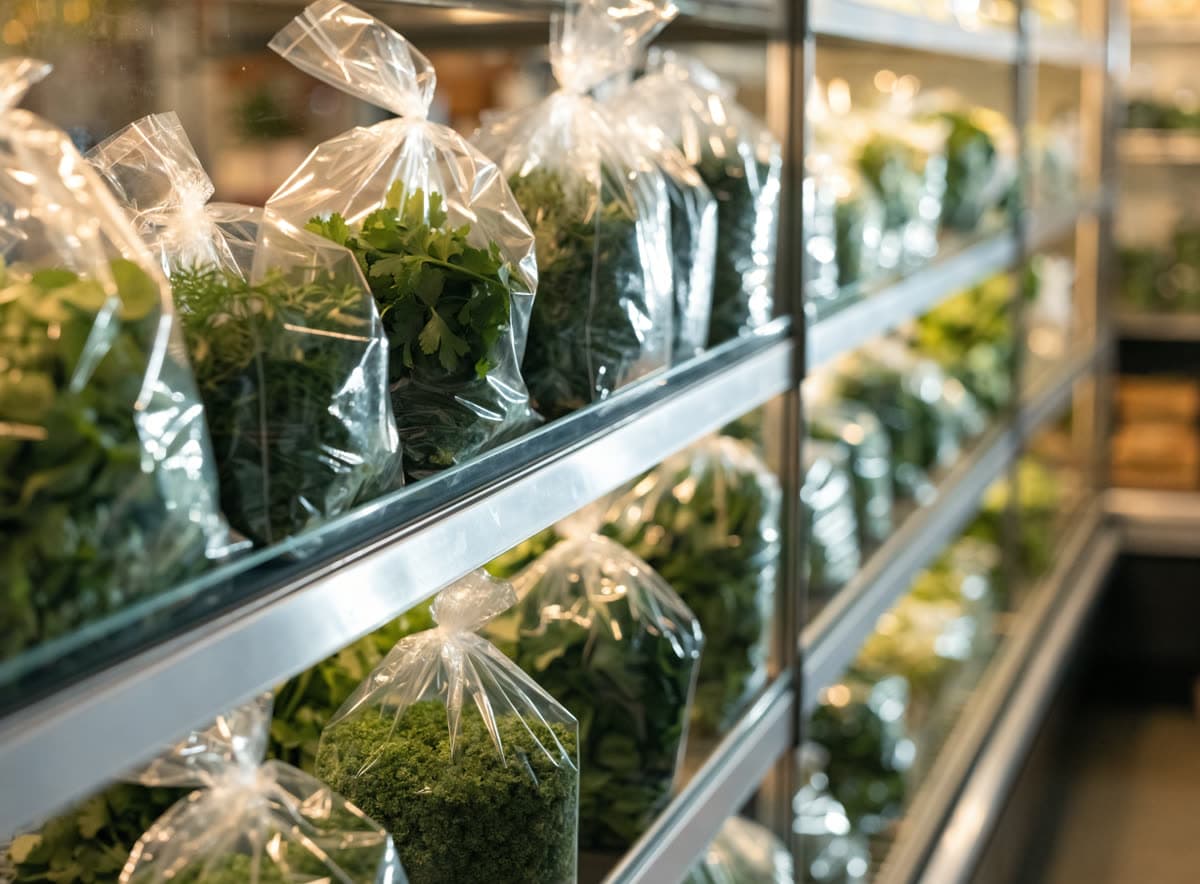 Bagged leafy greens on a refrigerated grocery store shelf