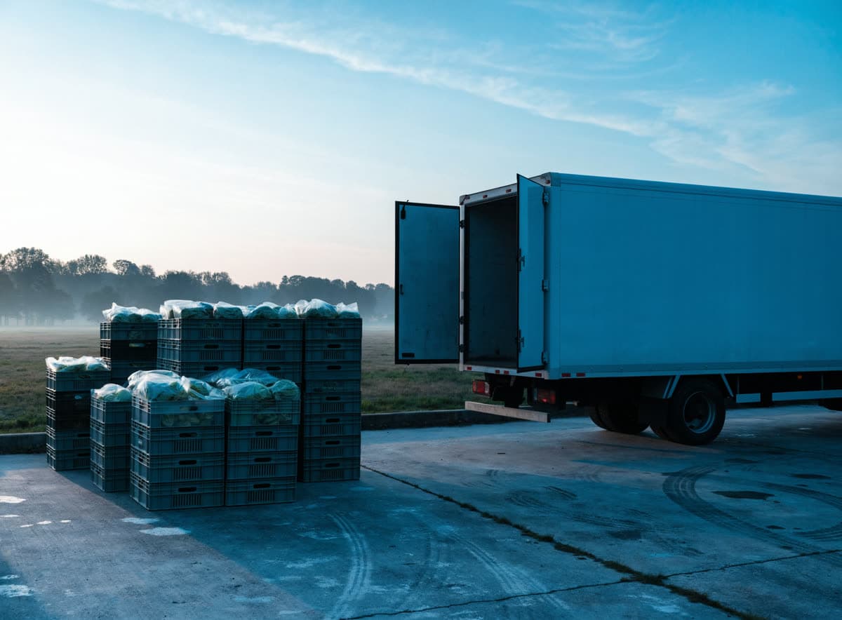 Crates stacked at a dawn loading dock beside an unmarked delivery truck